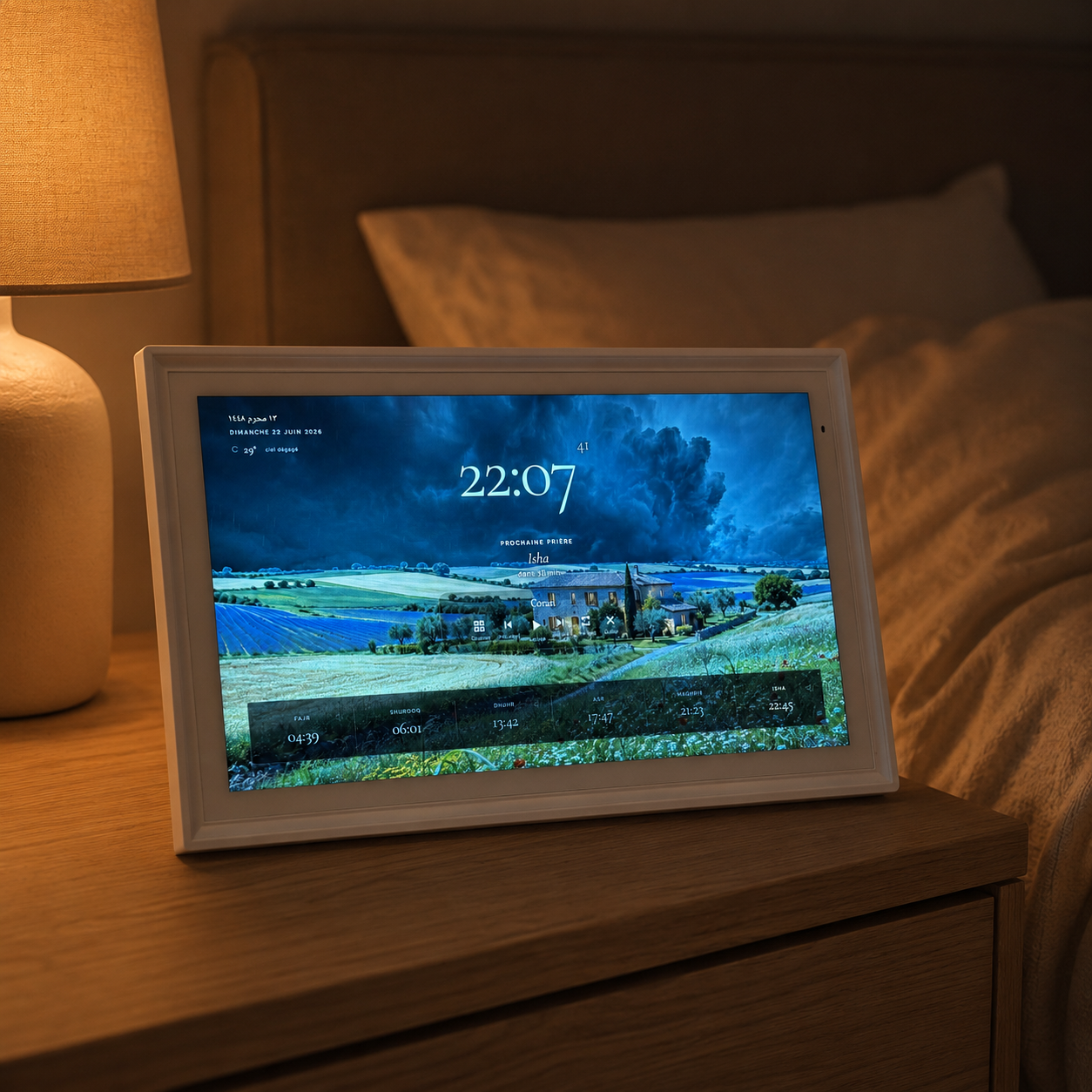 Nida Home dans une chambre apaisante, lumière du soir