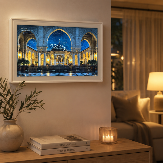 Nida Home accroché au mur, ambiance mosquée au crépuscule